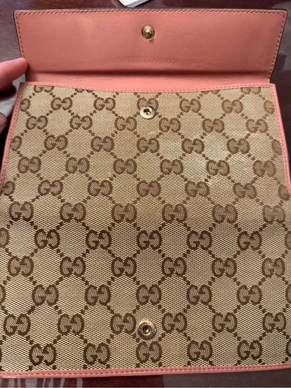 Gucci Brown GG Canvas Wallet with Pink Trim and Gold Heart Logo - Picture 7 of 11